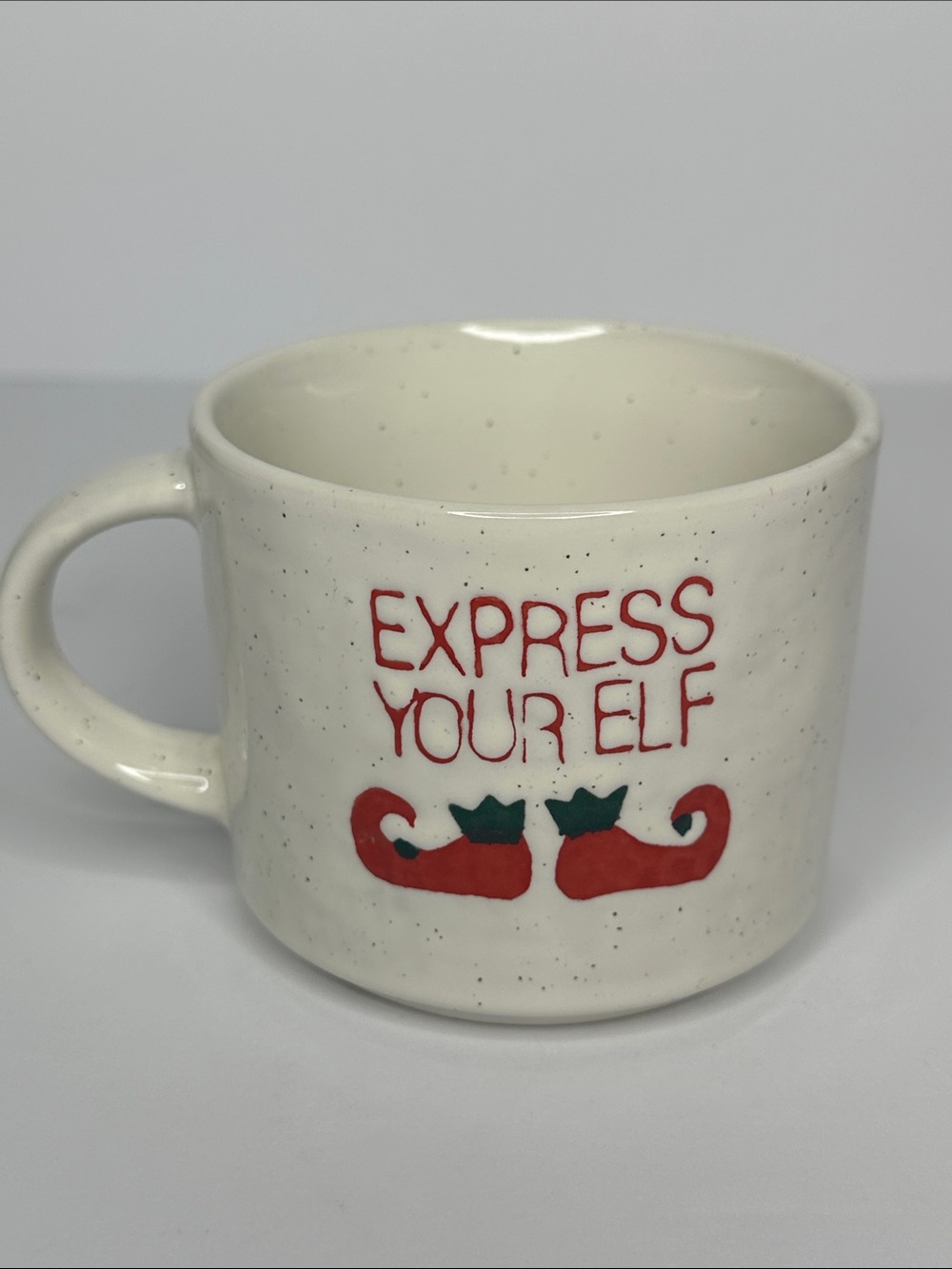 Crate&Barrel Cream Holiday Mug with Red and Green Elf Accents